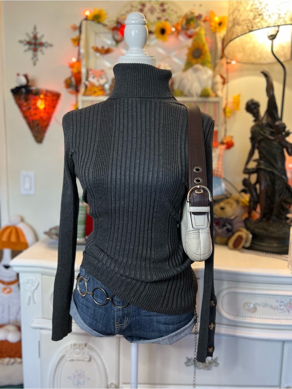 Charcoal Ribbed Turtleneck Sweater - Classic Slim Fit